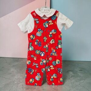 Vintage Kmart Red Corduroy Alphabet Blocks Teddy Bear Overalls Set 18 Months